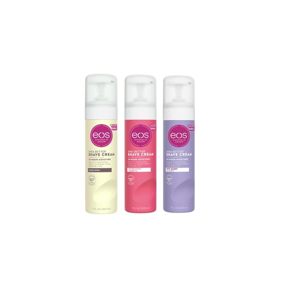 EOS SHEA BETTER SHAVE CREAM VARIETY PACK INCLUDES POMEGRANATE RASPBERRY, LAVENDER AND VANILLA BLISS---7oz each bottle.