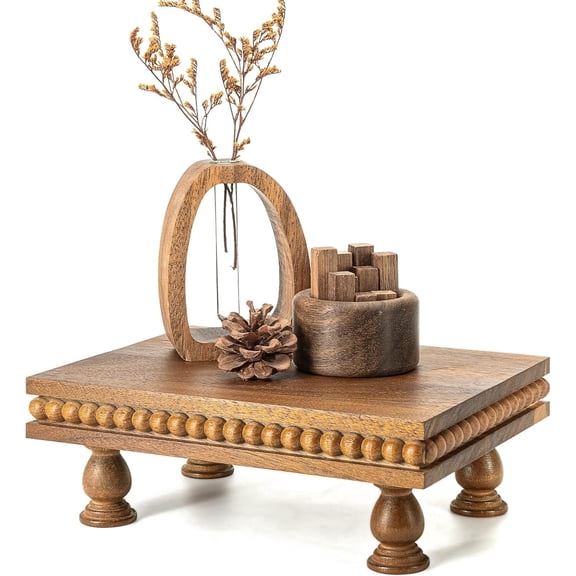 EOSAHR 1-Piece Acacia Wood Display Riser for Home Decor – Boho Pedestal Stand with Bead for Bathroom and Kitchen (Acacia Wood)