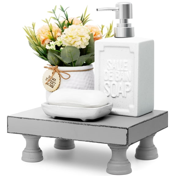 EOSAHR Decorative Wood Riser for Display :Modern Farmhouse Pedestal Stand for Home & Kitchen Decor and Stylish Soap Stand for Sink - Rustic Bathroom Counter Tray and Countertop Organizer (Light Gray)