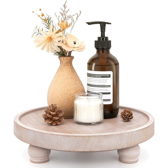 EOSAHR Farmhouse Wood Riser – Decorative Round Pedestal Stand for Kitchen, Bathroom, Soap, Vase Display (Natural Wood)