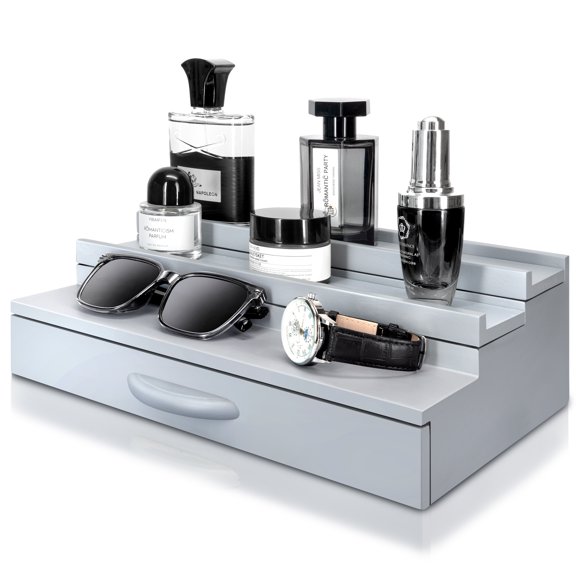 EOSAHR Modern Wooden Cologne Organizer for Men - 3 Tier Perfume Organizer with Storage Drawer and Hidden Compartment - Ideal Gift for your Boyfriend or Dad (Gray)