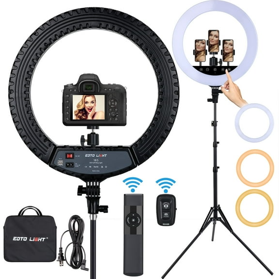 EOTO LIGHT 18 inch LED Ring Light with Tripod Stand, Selfie Ring Light with Touch Panel for Makeup Studio Portrait YouTube Vlog Video Shooting with Carrying Bag and Remote Controller, CRI>90, Upgraded