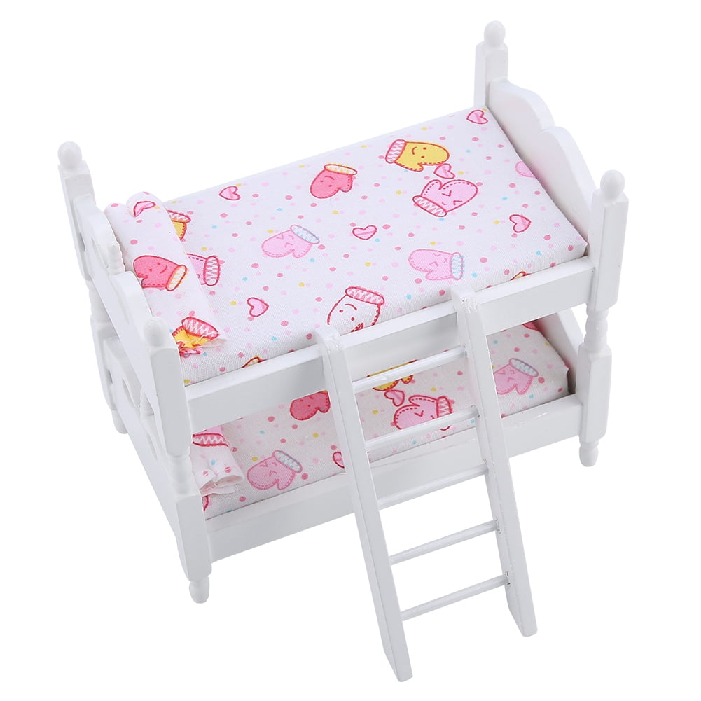 EOTVIA Doll Furniture White Wooden Bunk Beds with 2 Pink Pillows, 2 Pink Cushions & Ladder 1/