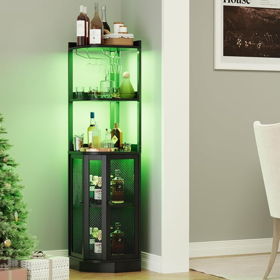 EOYUTLLY Corner Bar Cabinet with Power Outlet and LED Strip, 65" H 5-Tier Corner Liquor Wine Display Cabinet for Home, Storage Solution for Living Room, Kitchen, Home Bar, Black