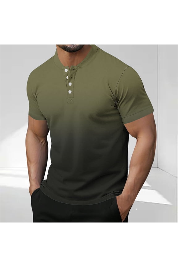 Athletic Shirts for Men Casual Short Sleeve Gradient Color Henley Shirt Stand Collar Slim Fit Button Up Pullover Tops Clearance,M-3XL