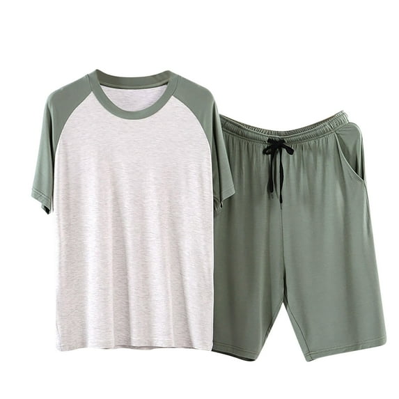 EOYWHK Big and Tall Pajama Sets for Men Ice Silk Lounge Set Summer Lightweight Color Blocked Basic T-Shirt and Elastic Waist Matching Pants Clearance,L-4XL