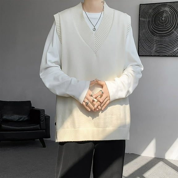 EOYWHK Big and Tall Sweater Vests for Men Soft Knit Shirt Sleeveless Tank V-Neck Loose Fit Side Split Pullover Sweater Winter