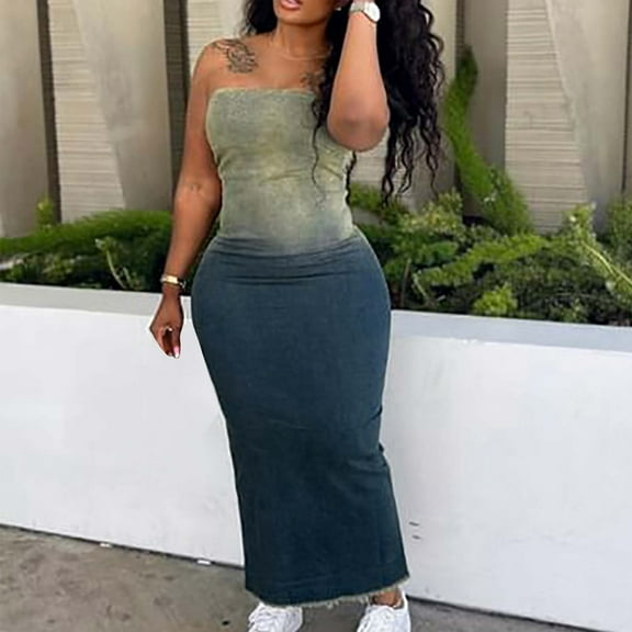 EOYWHK Blue Denim Dress for Women New Trendy Gradient Color Sleeveless Tank Flare Bodycon Wrap Skirt Maxi Dress