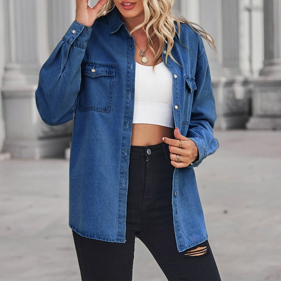 EOYWHK Blue Denim Jacket for Women Casual Soft Cotton Knit Cardigans Button Down Long Sleeve Jackets with Pockets Clearance
