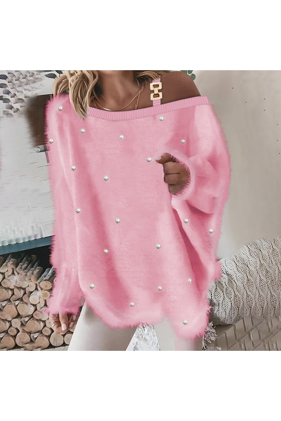 Bomber Jacket Women Trendy 2024 Women Comfortable Casual Pearl Shoulder Strap Pullover Solid Color Long Sleeve Skew Collar Knit Blouses Major