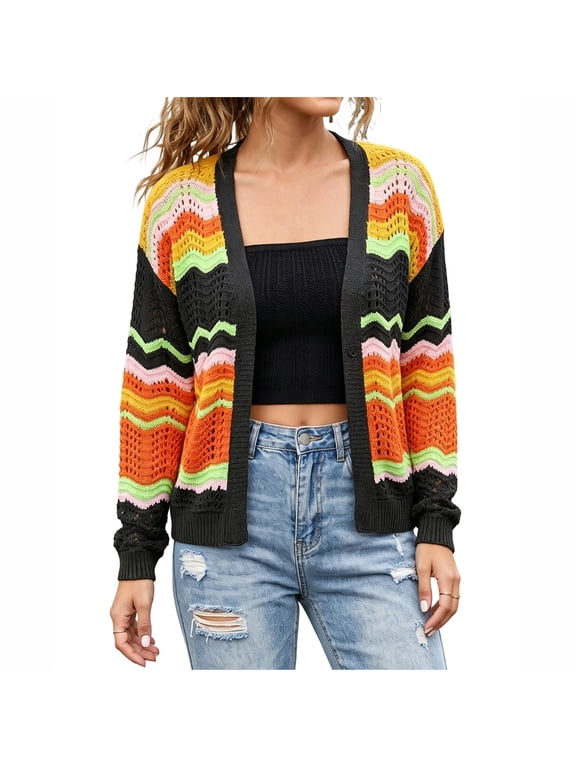 Cardigan Sweaters for Women V‑Neck Long Sleeve Hollow Crochet Open Front Chevron Striped Knit Sweater Jacket
