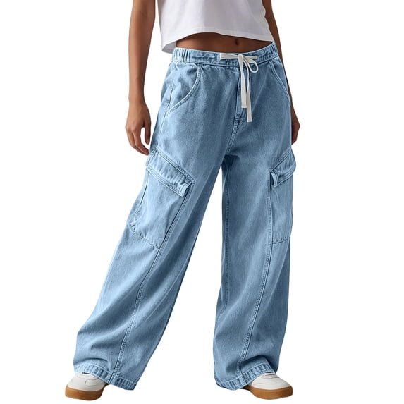 Multiple Cargo EOYWHK Cargo Jeans for Women Baggy Fit Soft Stretch Elastic Drawstring ...