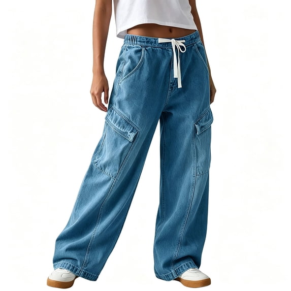 Multiple Cargo EOYWHK Cargo Jeans for Women Baggy Fit Soft Stretch Elastic Drawstring ...