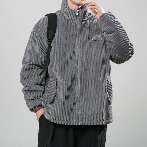 EOYWHK Corduroy Jackets Men Winter Coats Fleece Puffy Jacket Long Sleeve Solid Color No Hood Warm Thermal Cozy Thick Cotton Jacket,S-3XL