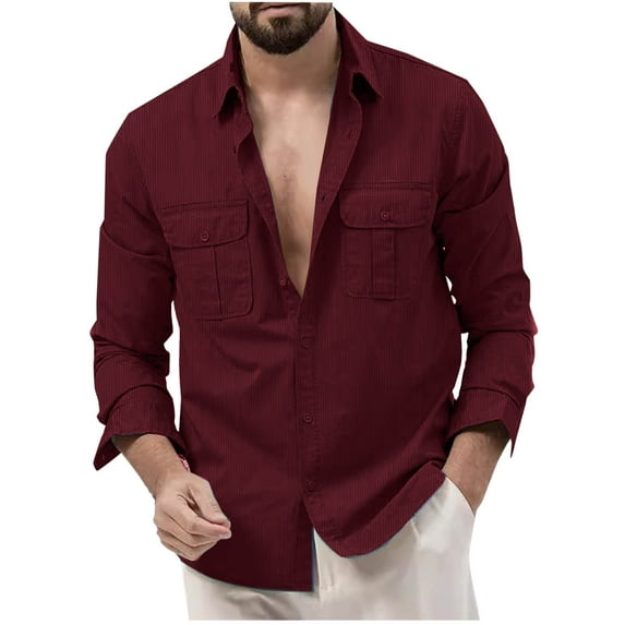 EOYWHK Corduroy Shirts Men Big and Tall Button Down Shirts Casual Formal Long Sleeve Solid Color Lapel Blouse with Pockets Workwear Shirts ,S-3XL