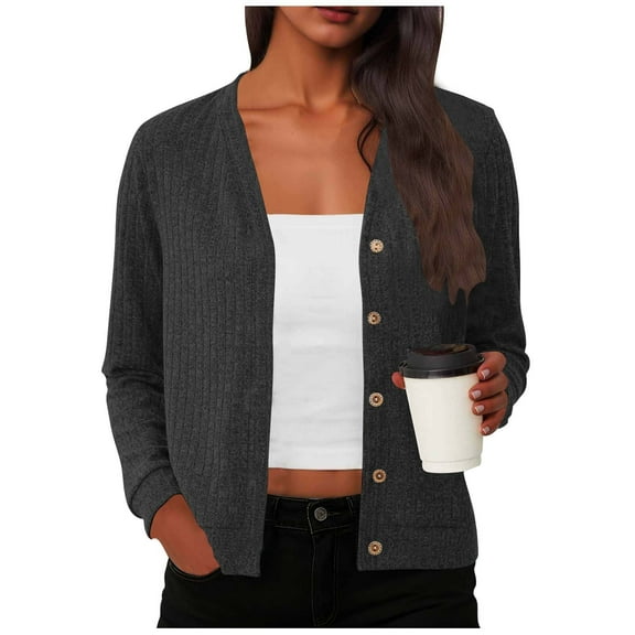 EOYWHK Cropped Jackets for Juniors Casual Ribbed Knit Cardigan V Neck Button Down Open Front Outerwear