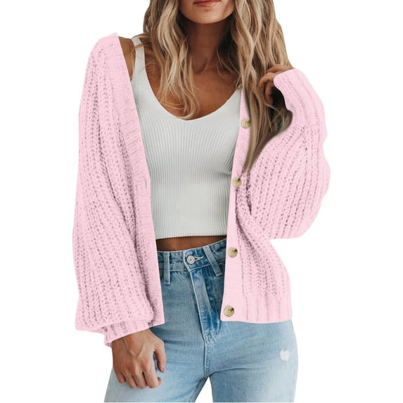 EOYWHK Cropped Jackets for Juniors Chunky Knit Sweater Open Front Cardigan Button Down Long Sleeve Short Outerwear