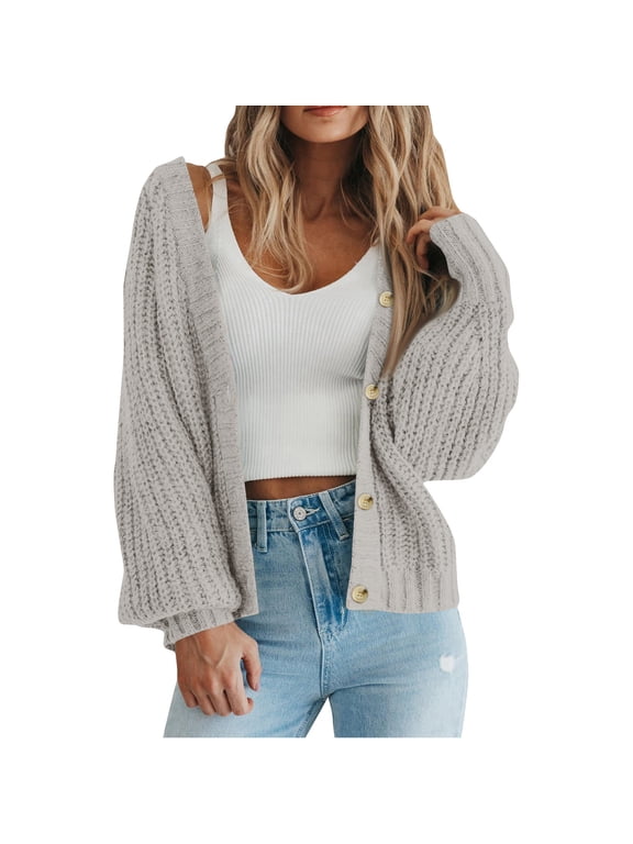 Cropped Jackets for Juniors Chunky Knit Sweater Open Front Cardigan Button Down Long Sleeve Short Outerwear
