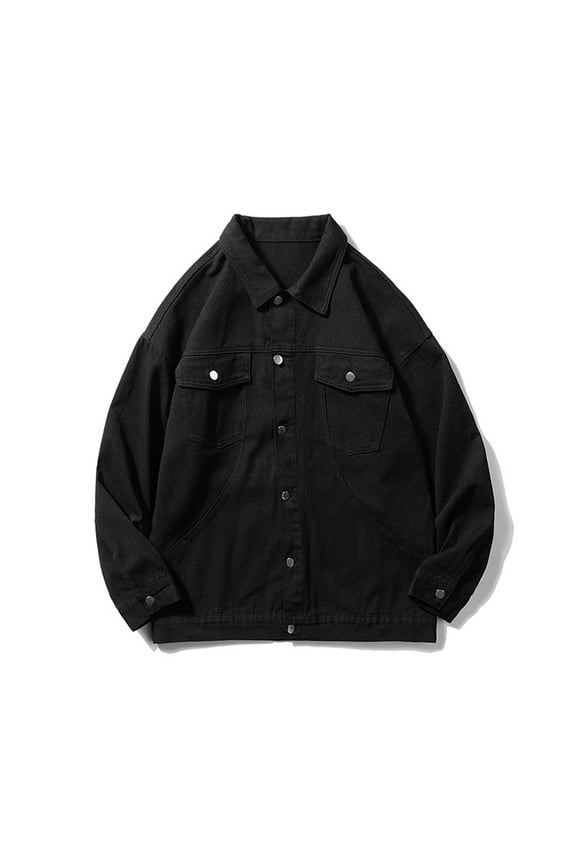 Cropped Jean Jacket Men Denim Jacket Multi-pocket Lapel Metal Button Jacket Fall Winter
