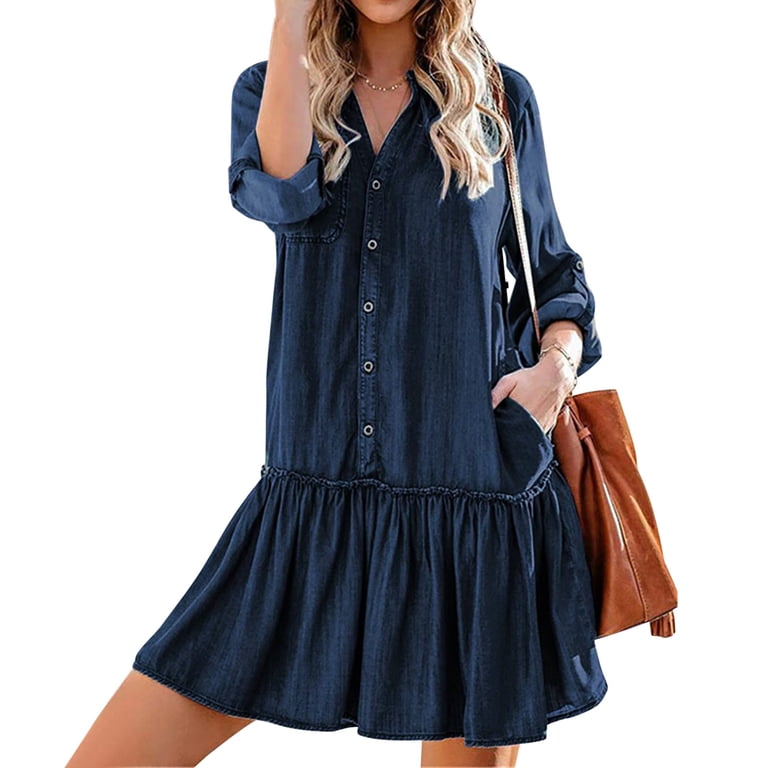 EOYWHK Denim Dress for Women Long Sleeve Button Down Shirt Flowy Ruffle Hem  Swing Mini Dress Clearance - Walmart.com