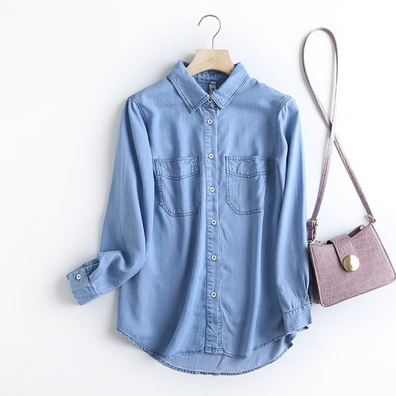 EOYWHK Denim Jackets for Women Casual Distressed Long Sleeve Flowy Soft Comfy Lapel Blouse