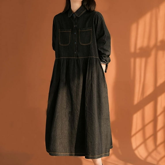 EOYWHK Denim Maxi Dress for Women Long Sleeve Distressed Loose Fit Ruched Waist Flowy Swing Shirt Dress Workwear Streetwear