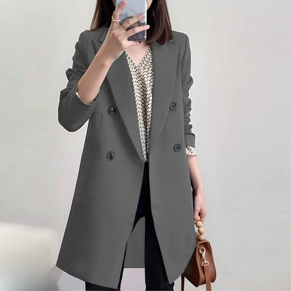 EOYWHK Dress Jackets for Women Long Blazer Wool Blend Peacoats Notched Lapel Windbreaker Overcoats for Office Work
