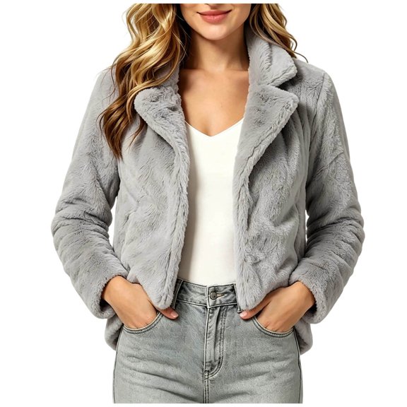 EOYWHK Faux Fur Jacket for Women Notched Lapel Open Front Long Sleeve Fuzzy Cropped Cardigan Casual Warm Winter Coats Outerwear With Side Pockets Gray S