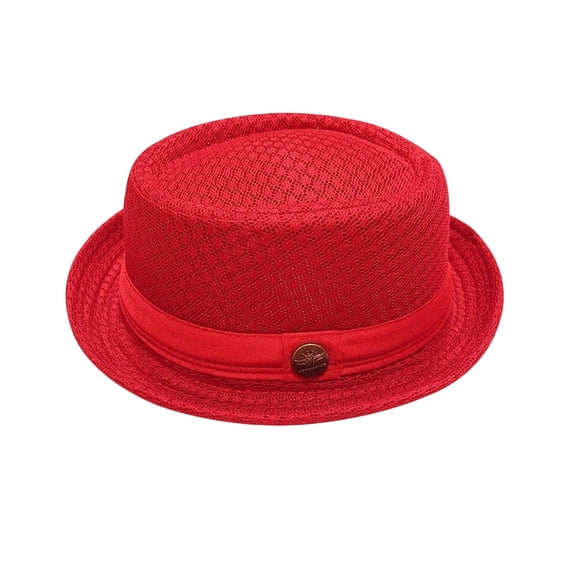 EOYWHK Fedora Hat for Men Summer Breathable Mesh Top Hat with Metal Button Decor Short Brim Summer Pork Pie Hats for Men, Red Free Size