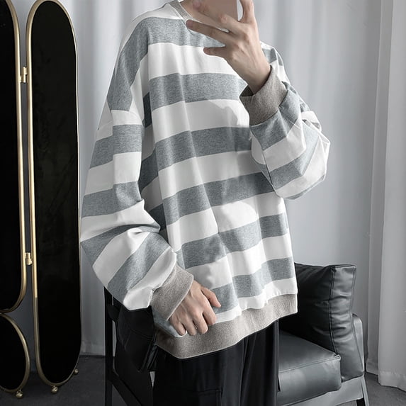 EOYWHK Flannel Shirts for Men's Fashion Casual Stripe Color Block Long Sleeve Round-Neck Blouses Shirts Autumn Looks