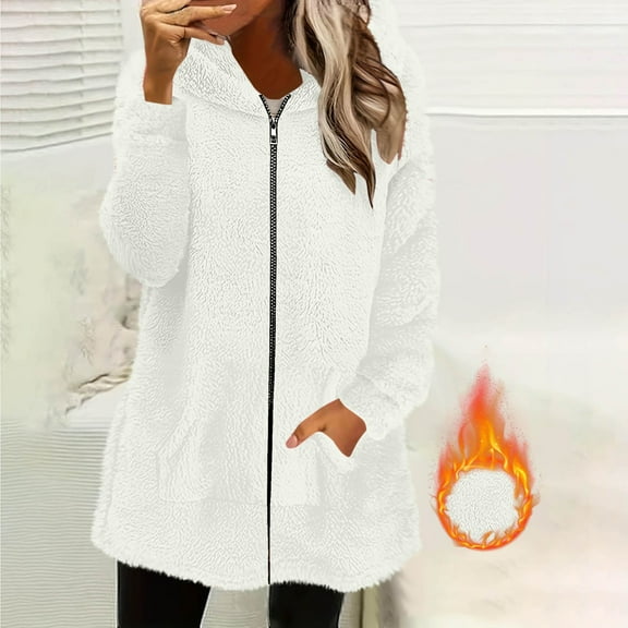EOYWHK Fuzzy Fleece Jackets for Women Long Cardigan Full Zipper Warm Plush Cozy Overcoats with Hood Pockets