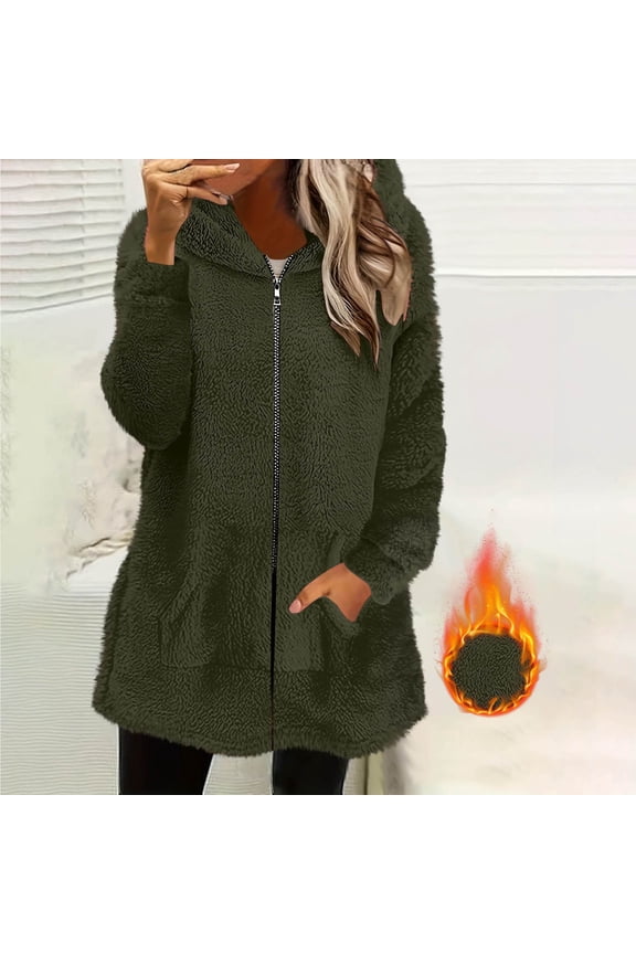 Fuzzy Fleece Jackets for Women Long Cardigan Full Zipper Warm Plush Cozy Overcoats with Hood Pockets