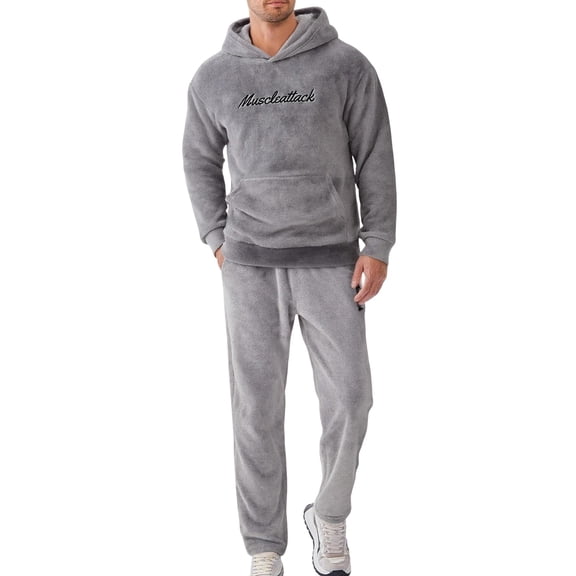 EOYWHK Fuzzy Sweat Set for Men 2 Piece Lounge Sets Fleece Linen Cozy Hooded Sweatshirts and Pajama Pants