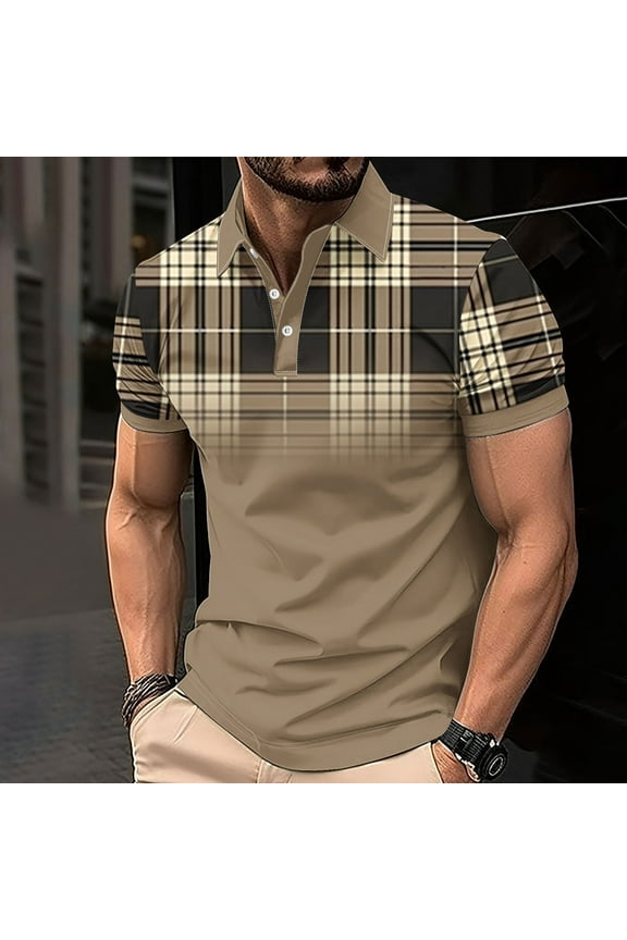 Golf Shirts for Men Big and Tall Vintage Plaid Print Tees Formal Business Casual Short Sleeve Button Up Collar Fishing Workwear Khaki Shirts ,S-4XL