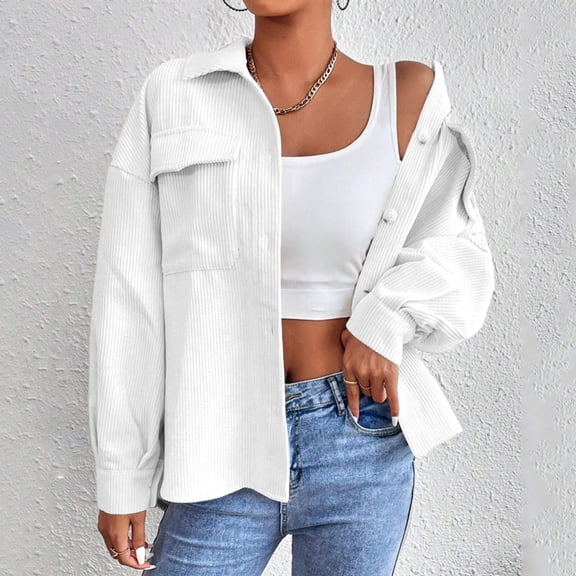 EOYWHK Juniors Cropped Jackets Y2K Corduroy Shirts Long Sleeve Cardigan Button Down Lapel Blouse
