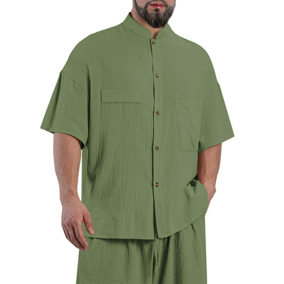 EOYWHK Linen Shirts for Men Banded Collar Short Sleeve Stand-up Collar Blouse & Shirt Fashion Casual Solid Color Button Pocket Short Sleeve Stand-up Collar Blouse