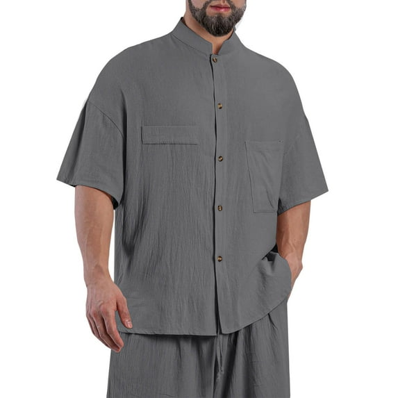 EOYWHK Linen Shirts for Men Banded Collar Short Sleeve Stand-up Collar Blouse & Shirt Fashion Casual Solid Color Button Pocket Short Sleeve Stand-up Collar Blouse