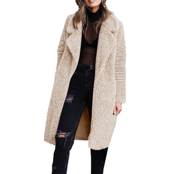 EOYWHK Long Cardigan Sweaters for Women Lapel Collar Sherpa Fuzzy Faux Fur Coat Outerwear Long Sleeve Loose Warm Winter Oversized Fleece Long Jacket with Pockets Beige S