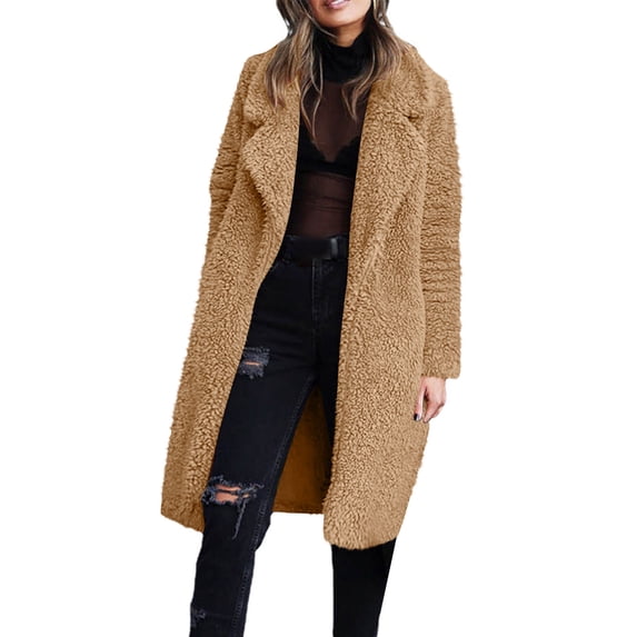 EOYWHK Long Cardigan Sweaters for Women Lapel Collar Sherpa Fuzzy Faux Fur Coat Outerwear Long Sleeve Loose Warm Winter Oversized Fleece Long Jacket with Pockets Brown M