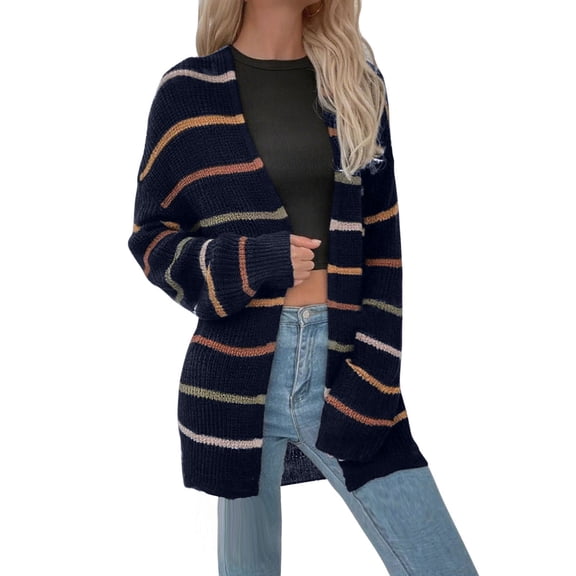 EOYWHK Long Cardigans for Women Fall Jackets 2025 Open Front Striped Oversized Sweater Chunky Knit No Hood Coats