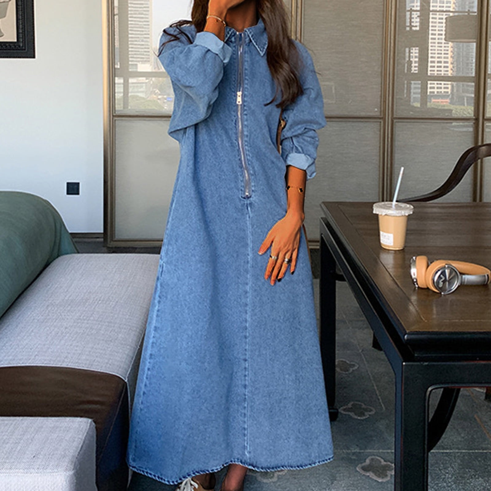 EOYWHK Long Denim Dress for Women Long Sleeve Jeans Button Down Lapel  Blouse with Pockets,M-3XL