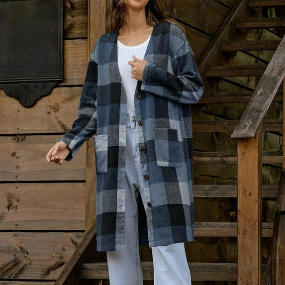 EOYWHK Long Duster Cardigans for Women Vintage Shacket Jacket Long Sleeve Plaid Parkas Loose Fit Trench Overcoats with Pockets