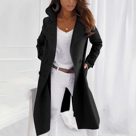 EOYWHK Long Wool Jackets for Women Dressy Casual Winter Trench Coat Windproof Peacoats Fall Outerwear