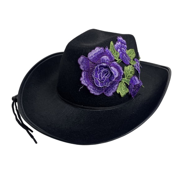 EOYWHK Men Western Rose Embroidered Cowboy Hat Wide Brim Felt Cowgirl Hat with Adjustable Chin Strap for Western Party Costume, Purple