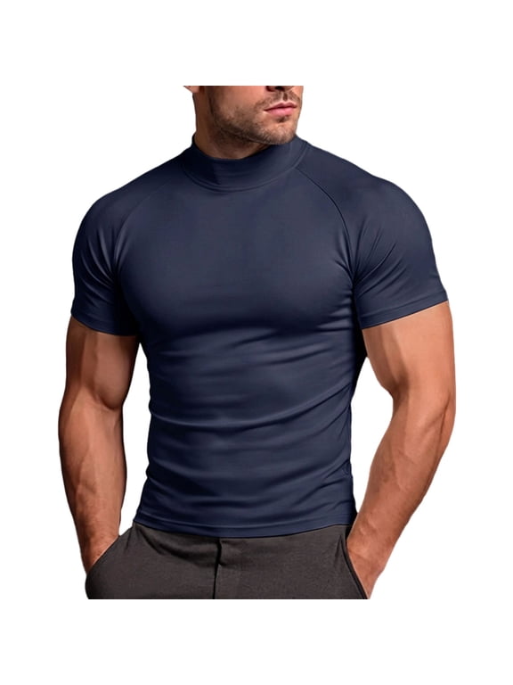 Men's Athletic Shirts & Tees Mock Neck Soft Stretch Compression Shirts Short Sleeve Slim Fit Casual Tee for Sport Training Workou Blue S