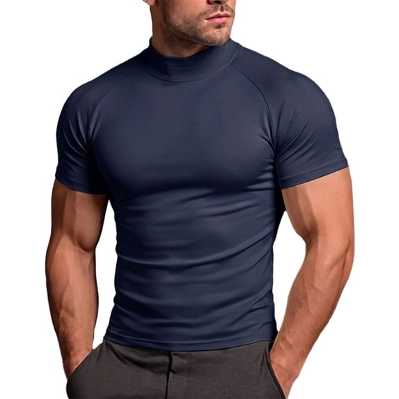 EOYWHK Men's Athletic Shirts & Tees Mock Neck Soft Stretch Compression Shirts Short Sleeve Slim Fit Casual Tee for Sport Training Workou Blue XXL