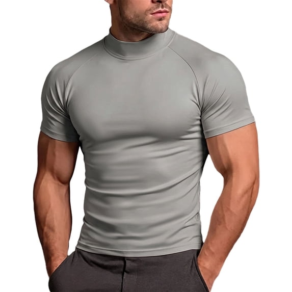 EOYWHK Men's Athletic Shirts & Tees Mock Neck Soft Stretch Compression Shirts Short Sleeve Slim Fit Casual Tee for Sport Training Workou Gray L