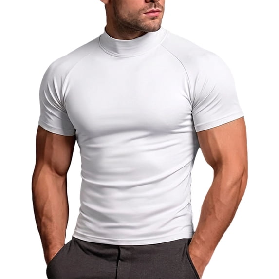 EOYWHK Men's Athletic Shirts & Tees Mock Neck Soft Stretch Compression Shirts Short Sleeve Slim Fit Casual Tee for Sport Training Workou White L