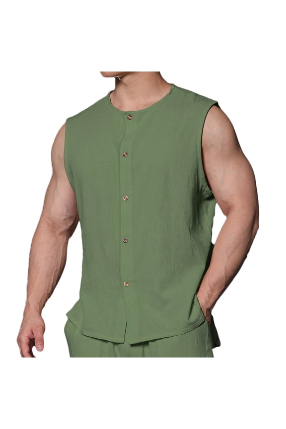 Men's Compression Tank Top Undershirt Cotton Linen Shirt Button Down Cardigan Sleeveless Cami Round Neck Workout Loungewear Activewear Blouse ,S-XL