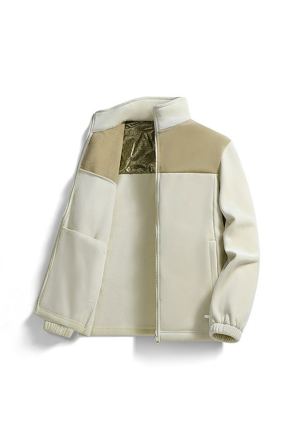 Men's Fleece Jacket No Hood Bomber Jacket Men Winter Full Zip Color Blocked Tops Casual Outdoor Cotton Jacket Long Sleeved Top